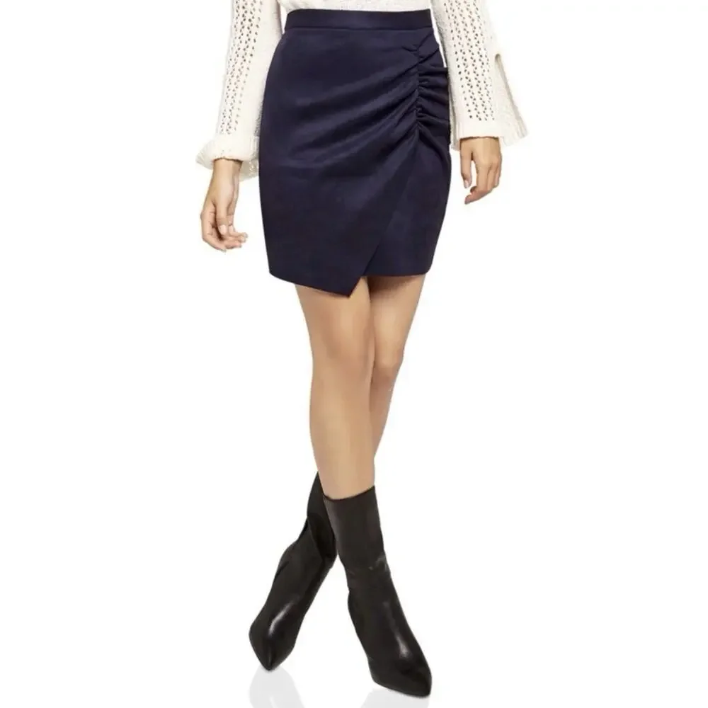 BCBG Faux Suede Ruched Mini Skirt Sz‎ 4 Navy Blue Girl Boss Preppy Corporatecore